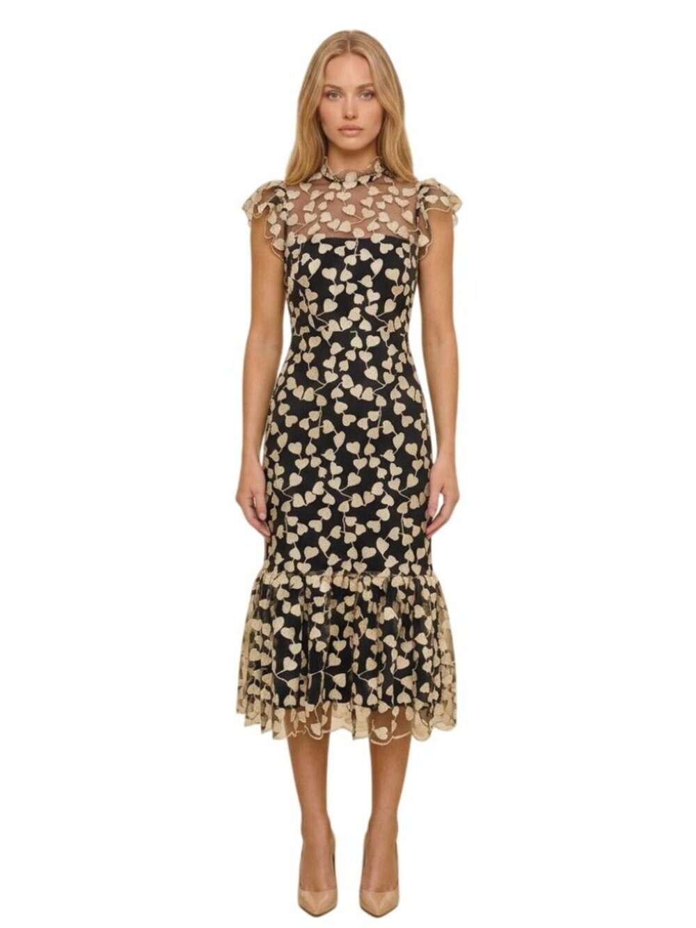Shoshanna Heart Liberty Dress in Black 8 Womens Midi Embroidered lbd